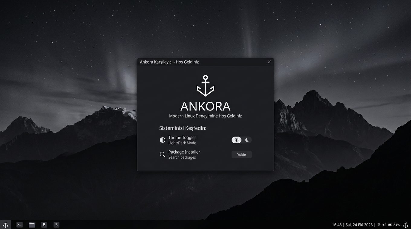 La ventana de bienvenida de Ankora: selector de tema e instalador de paquetes